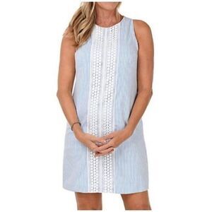 London Times Sz 10 Blue & White Striped Seersucker Lace Sheath Shift Dress